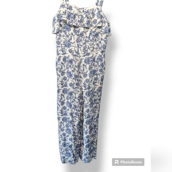 LOFT Blue and White Jumpsuit Romper Ruffled Neckline, 0 - Picture 2 of 11